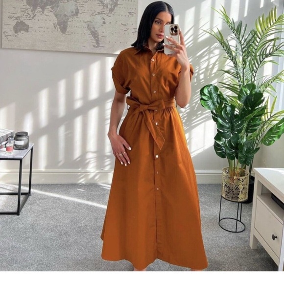 ZARA TOFFEE BROWN POPLIN COTTON BELTED MIDI MAXI SHIRT DRESS TORTOISE SHELL - Picture 1 of 9